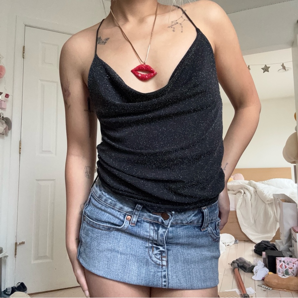 Black Glittery Cowl Neck Top